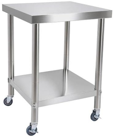 Shalmidor Tavolo da lavoro in acciaio inox, 60 x 60 x 85 cm, con ruote, tavolo da lavoro da cucina a 2 livelli in acciaio inox 201, portata fino a 300 kg, per ristoranti e cucina