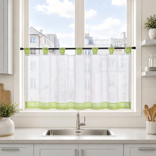 Joyswahl Bistrogardine Voile Schlaufen Scheibengardine Mia 45x120cm Grün | Gardinen Küchen Transparenter Vorhang,1er Pack,Küchengardinen modern,Kurzgardine,Kurzstores Küchenfenster