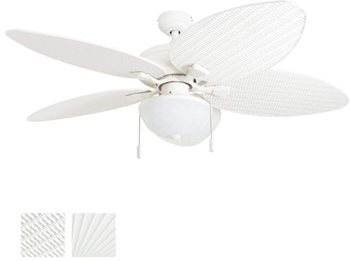Honeywell Ceiling Fans Inland Breeze, 52 Inch Tropical Indoor Outdoor Ceiling Fan with Light, Pull Chain, Three Mount Options, Weather Resistant Blades - 50511-01 (White)