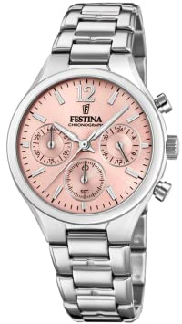 Festina Orologio Donna Analogico in Acciaio Inossidabile 316L Argento - Cronografo al Quarzo - Vetro Minerale ad Alta Resistenza - Resistente all’Acqua 5 ATM F20391/2