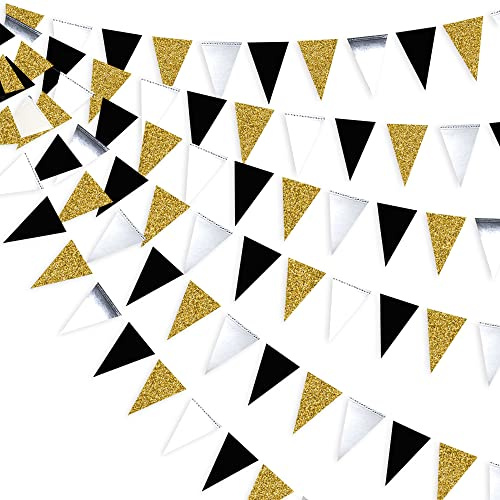 30 Feet Double Sided Glitter Paper Triangle Flag,Bunting Pennant Banner for Birthday Holiday Wedding Anniversary Graduation Theme Christmas Party Supplies Decorations.（Gold+Mirror-Like Silver+Black)