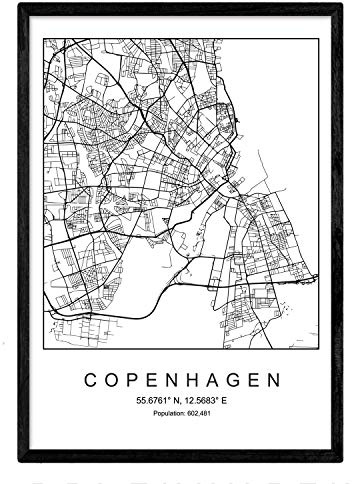 Lámina mapa de la ciudad Copenhagen estilo nordico en blanco y negro. Poster tamaño A4 Sin marco Impreso papel 250 gr. Cuadros, láminas y posters para salon y dormitorio