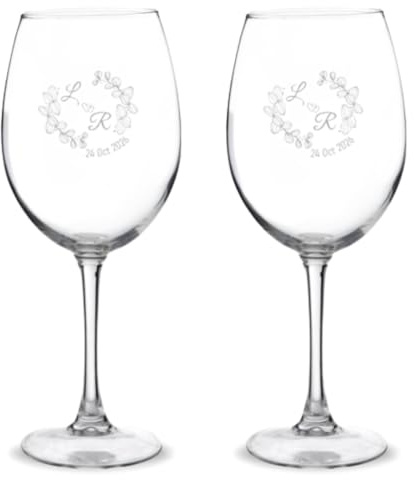 DEREGALOOS Copas de Vino Personalizadas para Bodas con Grabado Láser. Nombres o Fechas en 7 Diseños Elegantes. Cristal Templado. Regalo Original para Parejas en Aniversarios y Celebraciones (2 Copas)