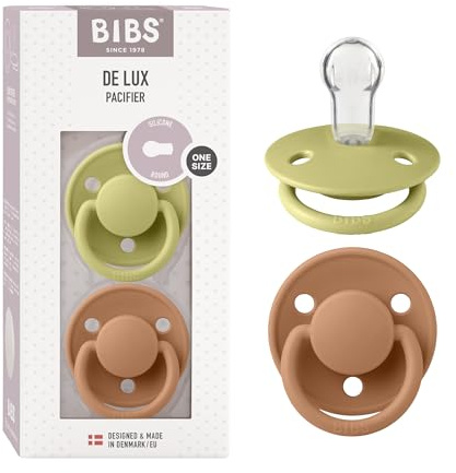 BIBS De Lux Schnuller 2er-Pack, BPA-frei, Kirschform Nippel. Silikon, Hergestellt in Dänemark. 0-36 Monate (2er Pack), Meadow/Earth | Silikon | BPA-frei | dänisches Design | Luftstromlöcher | Comfort Shield