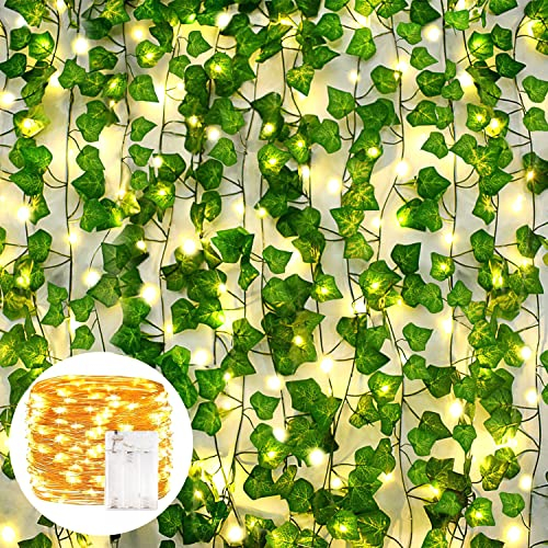 AIOR 12 Strands Fake Ivy Vines with 100 LEDs String Lights, 6.5 Ft Artificial Ivy Garland Greenery Leaves UV Resistant Hanging Faux Plants for Wedding Table Garden Backdrop Arch Wall Room Decor