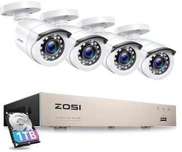 ZOSI 1080P Aussen Überwachungskamera Set mit Kabel 8CH 1TB HDD 2MP CCTV DVR | 4X 2MP Kameras, Bewegungserkennung Alarm, IP66 Wasserdicht, 24m IR Nachtsicht für 24/7 Überwachung