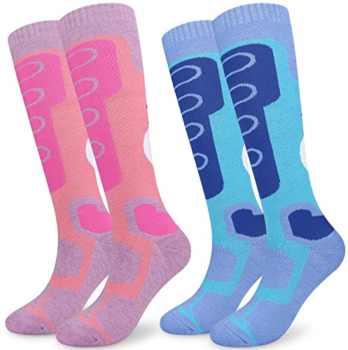Womens 2Pairs Thermal Ski Socks, Knee High Long Walking Hiking Sports Socks,Cushioned Warm Thick Winter Christmas Athletic Socks Size 4-8