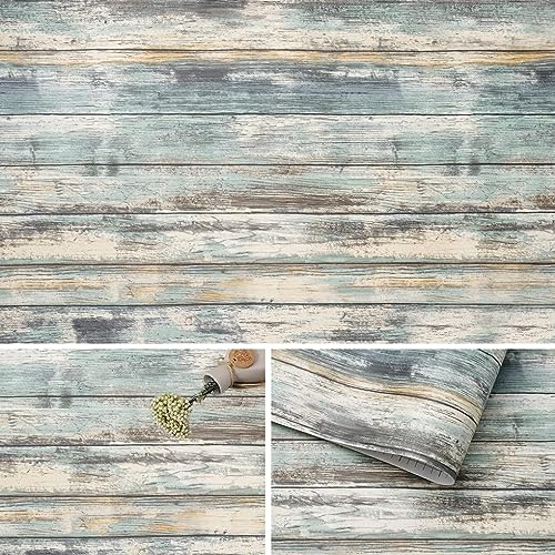 Arthome Blue Rustic Wood Paper 43.5cx200cm Self-Adhesive Removable Wood Peel and Stick Wallpaper Vinyl Decorative Plank Film Vintage Wall Covering for Furniture Easy to Clean Wooden Grain Paper