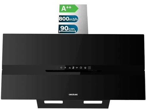 Cecotec Campana Extractora Decorativa 90Cm Bolero Flux Dt 908010 Glass Black A++. Acabado Vidrio Negro Mate, Succión 800M3/H, Apertura Automática, Filtro Carbono