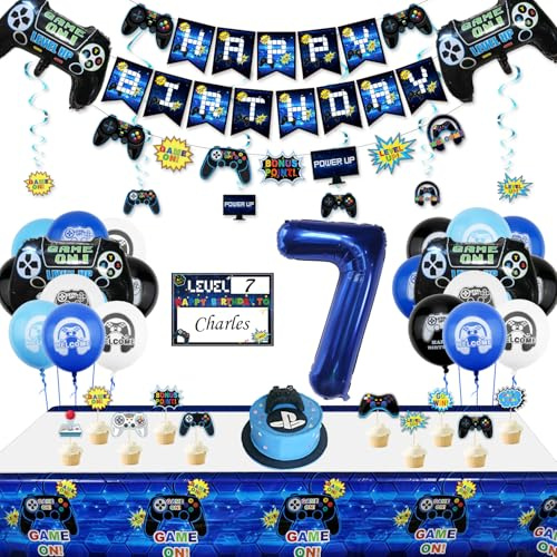 7. Geburtstag Dekorationen für Jungen-Gaming Party Dekorationen für Kinder-HAPPY BIRTHDAY Gaming Banner Videospiel Controller Ballon Kuchen Topper Gaming Hanging Sign Nummer 7 Kerze