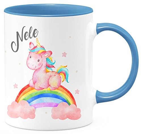 miKalino Keramik Tasse Niedliches Einhorn auf einem Regenbogen personalisiert mit Wunschname | Kaffee Becher Kaffeetasse Geschenk, Farbe:cambridgeblue, Grösse:330ml