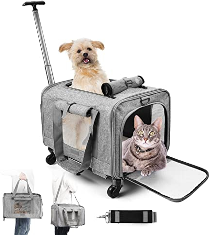 Katze Hund Tragetasche Rucksack Katzentrage Atmungsaktives Mesh mit Rollen Faltbarer Transportkorb Belastung bis zu 13,6 kg Fluggesellschaft zugelassen (Grau)