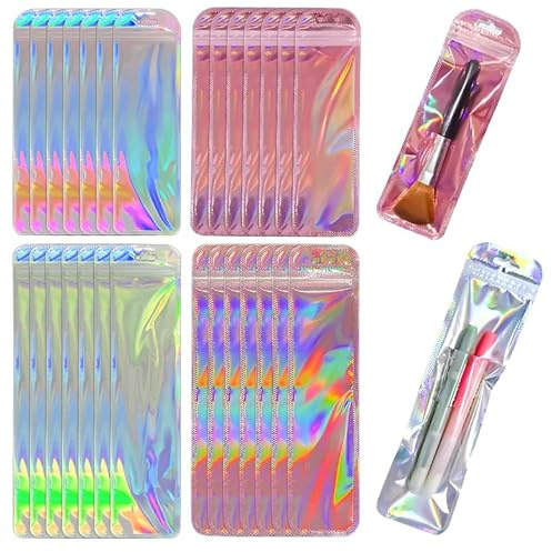 INKNOTE 160Pcs Resealable Holographic Bags Aluminum Foil Long Jewelery Plastic Pouch For Pen Lip Eyelash Necklace Candy Food Storage Rainbow Color