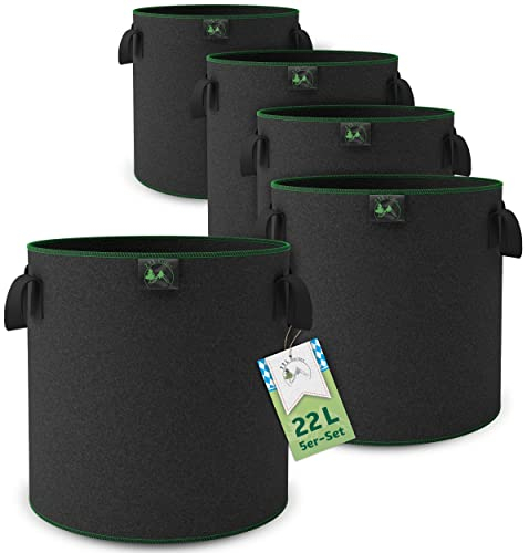 TTL Garden - Saco para plantas (5 unidades, 20 L, 20 L, 22 L, fieltro de 300 g/m², tela no tejida, para balcón, terraza, invernadero y jardín
