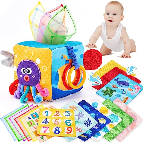 hahaland Baby Spielzeug 6 12 Monate Tissue Box, Montessori Toy Sensorik motorik Spielzeug, Stofftücher Kontrastreiche Farben Lernen Sensorische Spielzeug für Jungen Mädchen Geschenke
