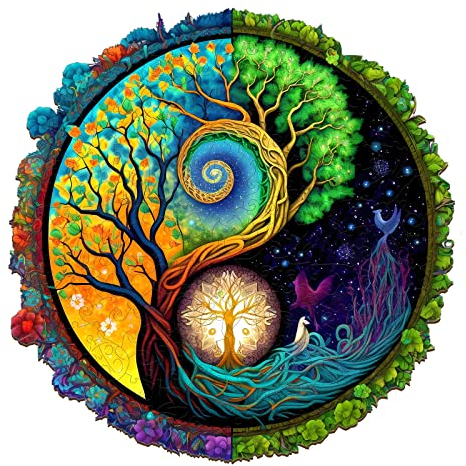 Funnli Holzpuzzles für Erwachsene und Kinder,Yin und Yang Muster Pflanze Holz-Puzzle (Yin-Yang-Bäume-2), Einzigartige Chinesisches Kung Fu Puzzlespiele (L-13.8 * 13.8in-300 Stücks)