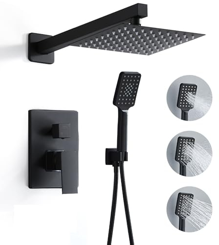 RTOBWEYE 8 Inch Shower Faucet Set, Rainfall Shower System with High Pressure Handheld Shower Head, Bathroom Mixer Shower Set Wall Mounted Rough-in Valve and Trim Kit, Matte Black, with 3-Setting