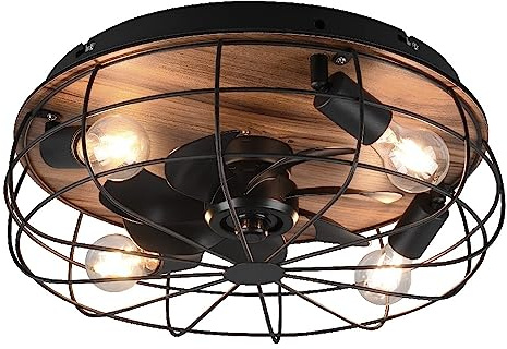 Britalia Matt Black & Wood Effect Vintage Cage 4 Lamp Remote Ceiling Fan Light | 48cm Diameter | 3 Speed Modes | 4 x ES E27 Lamps Required | Separately Switchable Fan & Lighting