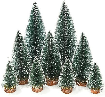 TIDEVAN 9 Pièces Arbre de Noël Artificiel 3 Tailles Sapin de Noel Miniature 10/15/20cm Mini Sapin de Noël Artificiel Arbre de Noël avec Base en Bois pour Une Décoration de Fête de Noël (Vert)