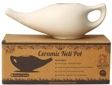 Ancient Impex Ceramic Neti Pot 270 ml (Cream) with 5 Sachets Neti Salt | Dishwasher Safe Sinus Rinse Pot for Natural Nasal Cleansing & Allergy Relief