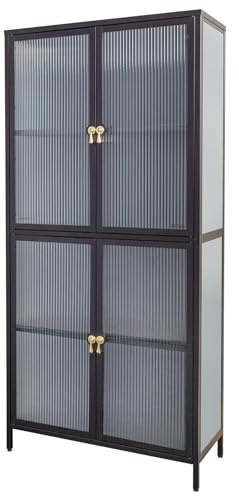 Vitrine AMSTERDAM - 180cm - schwarz gold - Metall mit Stauraum | Pflegeleichte Oberfläche, Glas-Details, edle Optik, hochwertige Metalloptik, Highboard