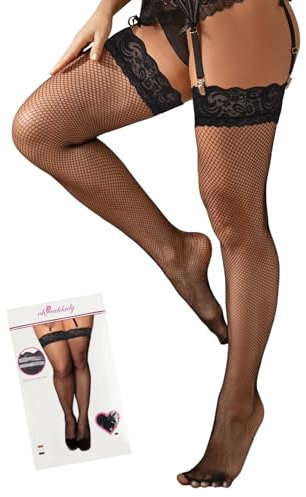 ohyeahlady Medias Rejilla Mujer Talla Grande Medias Sexy Encaje Liguero Altas de Liga Autoadhesivas Con Silicona en Caja Negro, XS-M