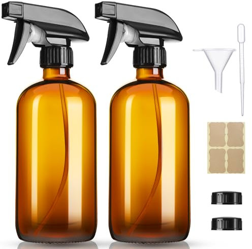 GIVAMEIHF 473 ml sprayflaskor i bärnstensglas, 2-pack glassprayflaskor, påfyllningsbara tomma flaskor med justerbart munstycke, sprayflaska för eteriska oljor, rengöring, husdjur, växt, hårspray