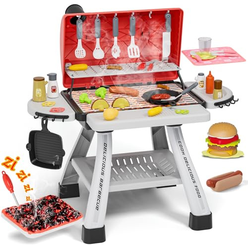 maysida Kids Toys Kitchen Playset, BBQ Grill Playset with Smoke, Sound & Light, Toy Grill for Kids, Pretend Play Food Hamburger, Interactive Toys Barbecue Cooking Game for Toddlers Boys Girls 3-5