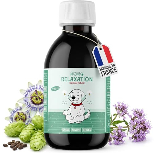 Museau & Co Ergänzungsfuttermittel für Hund und Katze bei Stress & Angst | Baldrian, Passionsblume, Griffonia & Hopfen | 100% natürlich | Beruhigungsmittel flüssig 200ml mit Dosierspritze