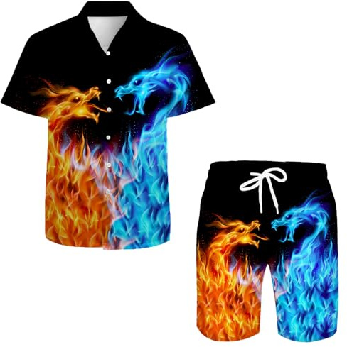QiErDesign Hawaiianska skjortor för män ledig button-down kortärmad skjorta set tryckta shorts strand Hawaii kostymer, Blå orange drake, M