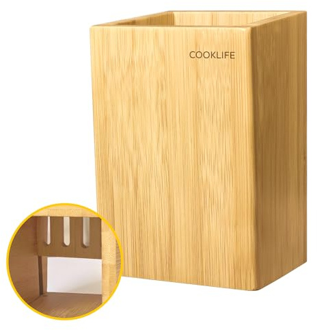 COOKLIFE Bamboo Utensil Holder - Removable Bottom Drip Tray - Bamboo Spoon and Spatula Holder - Countertop, Farmhouse and Kitchen Decor