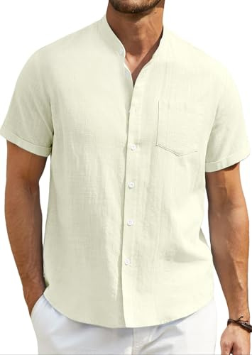Enlision Herr linne skjortor kortärmad farfar krage kraglösa skjortor för män vardag sommar strand Henley skjorta Button Down S-4XL, A-kräm, S