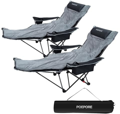 POEPORE Campingstuhl 2er Set Faltbar mit Fußstütze 4-Fach Campingstühle Strandstuhl Liegestuhl für Erwachsene 120kg Klappbarer Angelstuhl mit Kühltasche Wattepad Kissen Getränkehalter Schwarz