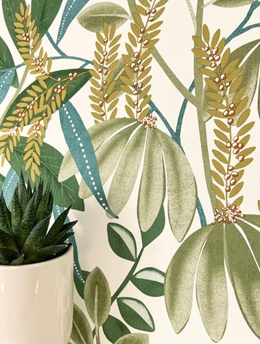 Newroom Vliestapete Grün Dschungel Tapete Wohnzimmer Schlafzimmer | Salbeigrün Olivgrün Senfgelb Akzente, ovale Blätter Ranken Boho Stil, feine Textilstruktur matt, Mustertapete Küche Flur