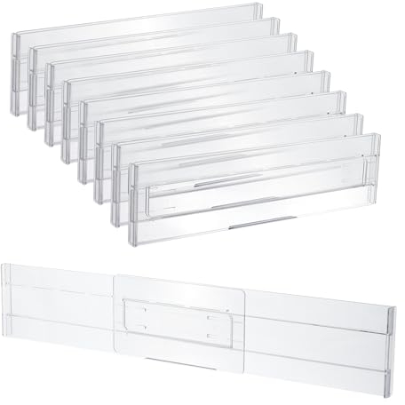 Homiu 8 Pack Drawer Dividers Plastic - 3.2 High,12.1-21.4 Adjustable Drawer Organisers for Clothes - Expandable Dresser Separators in Bathroom, Bedroom, Kitchen, Office Storage Desk Organiser