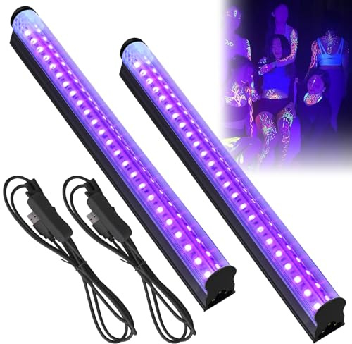 2 Stück Schwarzlicht LED Strip, 10W 28cm T8 USB Schwarzlichtlampe, Schwarzlicht Röhre mit Schalter, Tragbare UV LED Schwarzlicht Lamp für Disco, Halloween, Club, Glow Party, Bühnenbeleuchtung