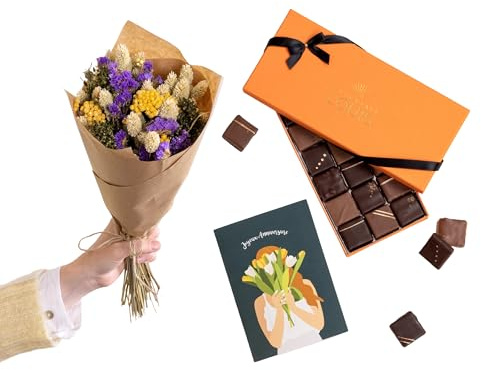Fleurs et Délices - Bouquet de Fleurs Séchées et Chocolats et Carte Message - Chocolat Noir et Lait - Cadeau Anniversaire - Idée Cadeau Femme - Decoration Maison - Idée - 21 Pralinés 175g