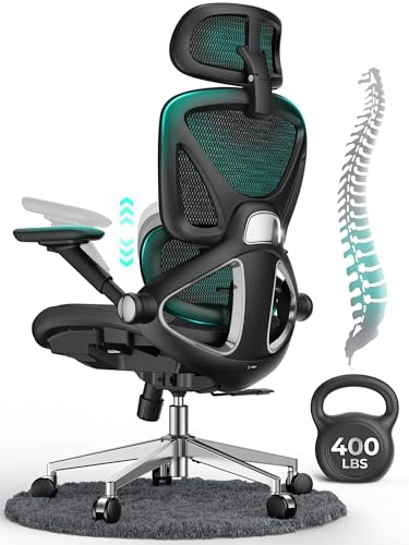 CAPOT Ergonomic Mesh Office Chair, Adjustable Lumbar High Back Desk Chair 400lbs, 4D Flip-up Arms, 3-Level Tilt Backrest, 3D Headrest, PU Wheels, Swivel Rolling Computer Seating for Long Desk Work