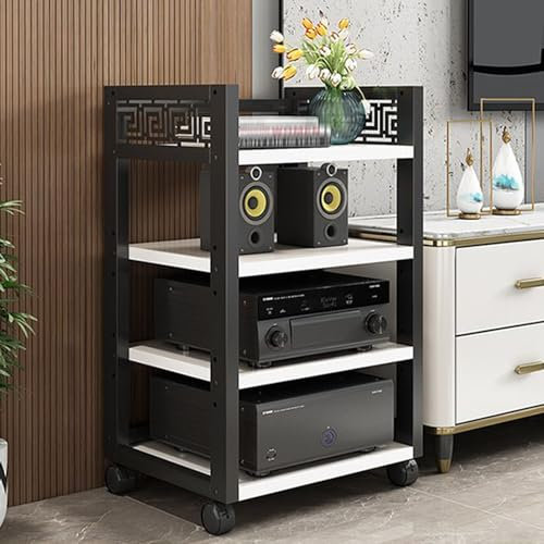 LYXWGRZD 4-stufiger Audio Rack HiFi Regal, Plattenspieler Regal mit Geländerdesign, höhenverstellbares Phonoschrank, Record Player Stand for Zuhause/Büro/Kino(Wit)