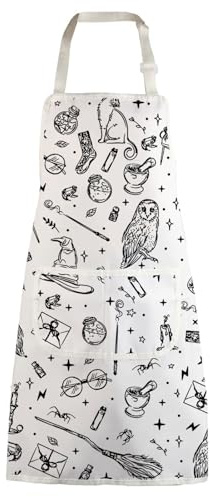 WZMPA Magic Wizard Kitchen Apron With Pockets Spooky Witch Gift Gothic Magic Adjustable Apron For Cooking Baking Grilling, Magic Wizard White