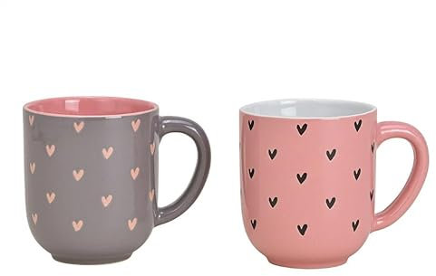 Set of 2 Ceramic Mugs with Cute Heart Decorations – Set of Large Mugs | Cups for Long Coffee or Tea – For Hot Drinks | Strong and Sturdy – 2 x 400 ml (Pink and Grey)