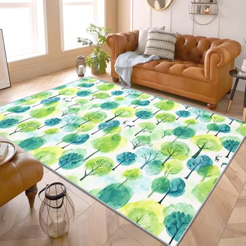 Pflanzen Teppich Grün - Teppich Wohnzimmer Schlafzimmer Grüner Wald, Kleiner Teppich Kinderzimmer Wald, Weich Kurzflor & Waschbar & rutschfest Fussmatte Innen, Kinderteppich 60x90 cm