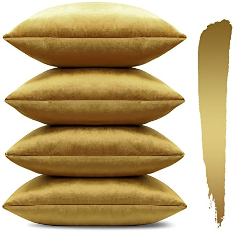 Sungeek Set of 4 Decorative Cushion Covers Solid Soft Velvet Pillow Covers with Invisible Zipper Square Throw Pillow Cases for Sofa Car Patio Bedroom Living Room 40x40cm Gold