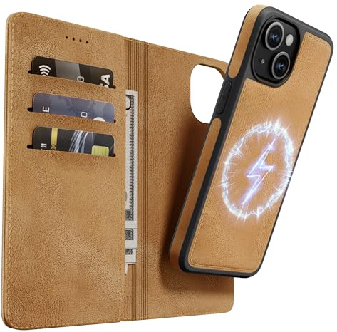 OASISBLUE iPhone 15 Hülle,[2 in 1 Magnetisch Abnehmbar] Kabelloses Laden Kompatibel Stoßfest Schutzhülle Lederhülle Klapphülle Handyhülle für iPhone 15 - braun
