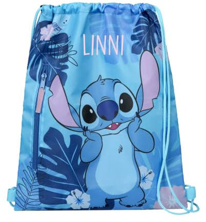 Undercover Turnbeutel Disney Stitch, Personalisiert mit Name, Sportbeutel Rucksack Mädchen Kinder, Beutel Wechselwäsche Kita Kindergarten zum Zuziehen (Blau)