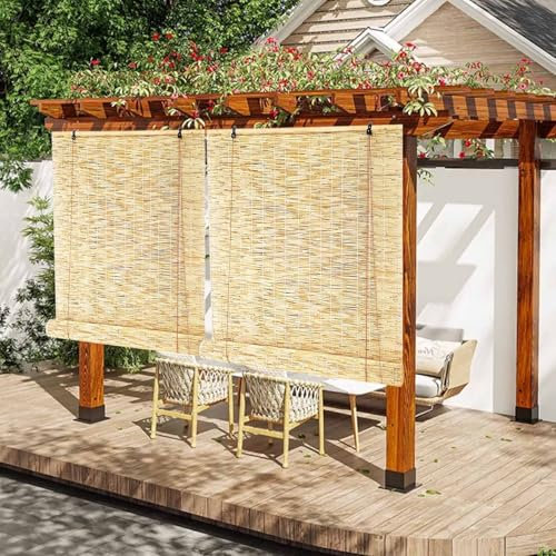 70% Blackout Roller Blinds Cut to Size 50-160cm Wide Bamboo Blinds for Windows Shutters Outdoor Roman Blinds Easy Hang for Pergola Porch Kitchen Light Filtering Roll Up Shades ReedCurtain(Natural Whit