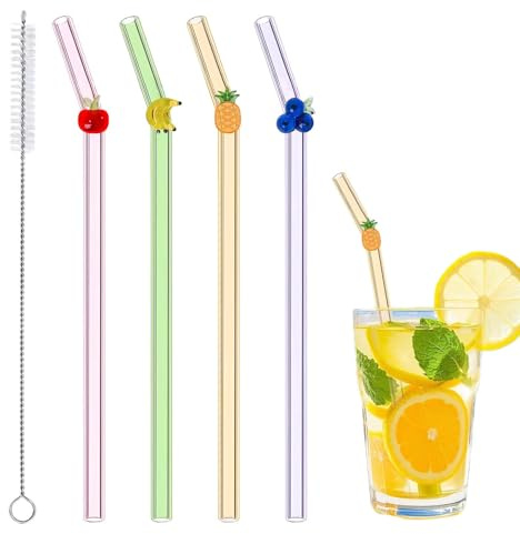 4 Stück Wiederverwendbar Glasstrohhalme, Niedliches Fruchtdesign | Glasstrohhalme mit Motiv, Bunte Glasstrohhalme für Säfte, Cocktails, Strandpartys und Geburtstage