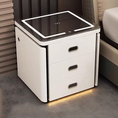 Bedside Table with Wireless Charging Station and 3 Color LED Lights, Smart Bedside Table with USB Port, 3 Drawer Bedside Table for Bedroom (White, Size: 40cm/15