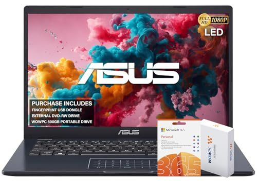 ASUS Ordinateur portable FHD 14, processeur Intel Celeron N4500, Windows 11 Home, MS Office 365, 4 Go de RAM, 1 To de stockage (disque externe de 500 Go + 64 Go eMMC + 512 Go SSSD), avec lecteur DVD