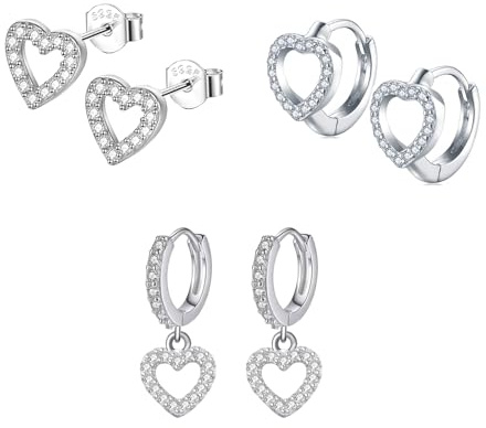 Epoch World 3 par 925 sterling silverörhängen hängande hjärta kreoler med hängsmycken kreoler örhängen med kubisk zirkonia små allergivänliga droppar örhängen hjärta silverörhängen för kvinnor flickor